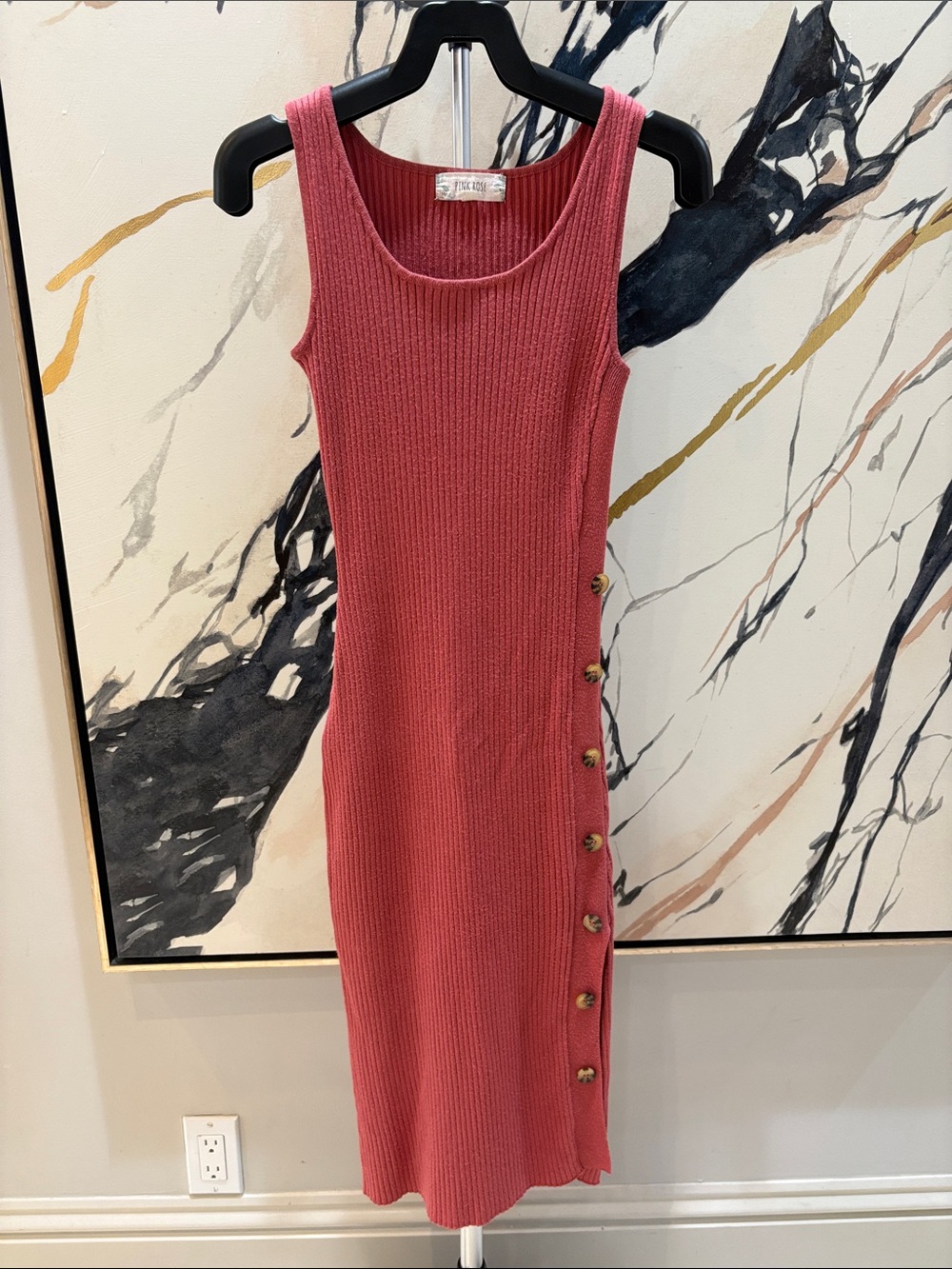 Pink Rose Ribbed Midi Dress in Dusty Rose with Side Button Trim
